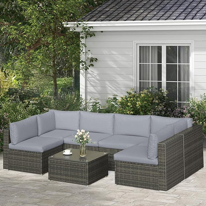 SUNVIVI OUTDOOR 7 Piece Patio Furniture Sets All Weather Gery PE Wicker Couch Sofa with Glass Table, Removable Grey Cushions
