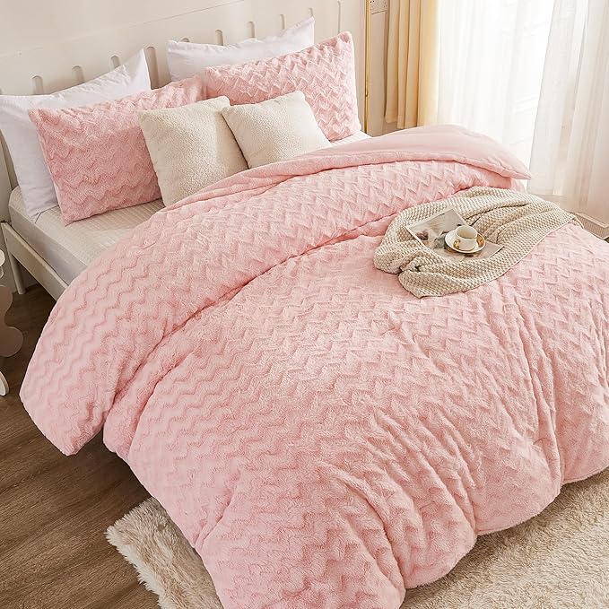 Andency Pink King Size Comforter Set, 3 Pieces Fleece Fuzzy Fluffy Bedding Set, Plush Shaggy Faux Fur Warm Bed Set