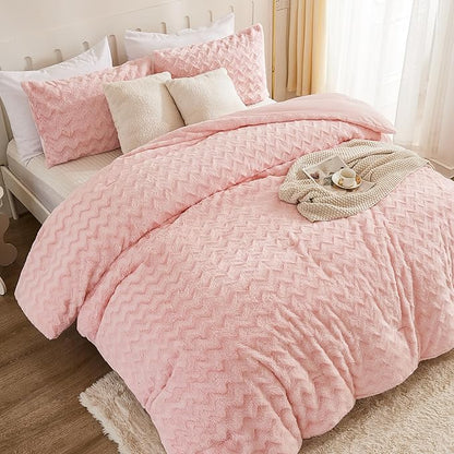 Andency Pink King Size Comforter Set, 3 Pieces Fleece Fuzzy Fluffy Bedding Set, Plush Shaggy Faux Fur Warm Bed Set