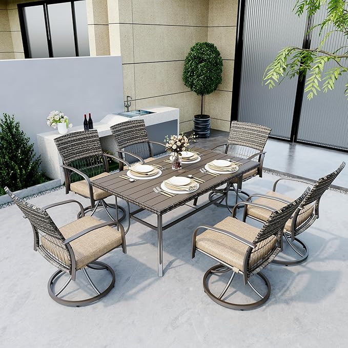 Pamapic 7 Piece Patio Dining Set for 6,Wicker Outdoor Furniture Set for Backyard Garden Deck Poolside with Iron Slats Table Top,6 Cushions Swivel Rocker Chairs,Removable Cushions(Beige)