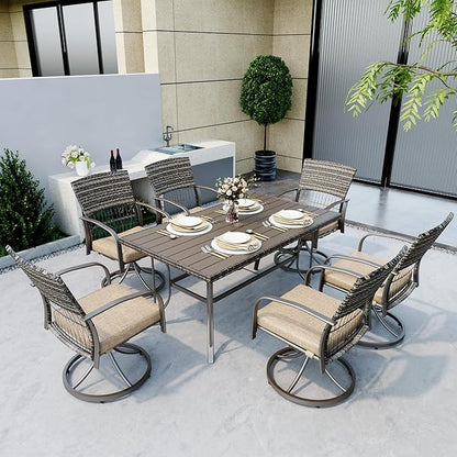 Pamapic 7 Piece Patio Dining Set for 6,Wicker Outdoor Furniture Set for Backyard Garden Deck Poolside with Iron Slats Table Top,6 Cushions Swivel Rocker Chairs,Removable Cushions(Beige)