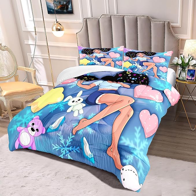 Black Girl Comforter Set - Full Size Comforter Set for Girls Bedroom Decor African American Girl Bedding Set Blue Full Quilt Set with 2 Pillowcases Kids Comforter Sets Gifts for Girls Kids Teens