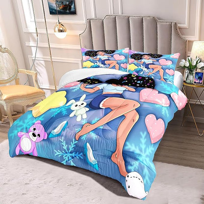Black Girl Comforter Set - Full Size Comforter Set for Girls Bedroom Decor African American Girl Bedding Set Blue Full Quilt Set with 2 Pillowcases Kids Comforter Sets Gifts for Girls Kids Teens