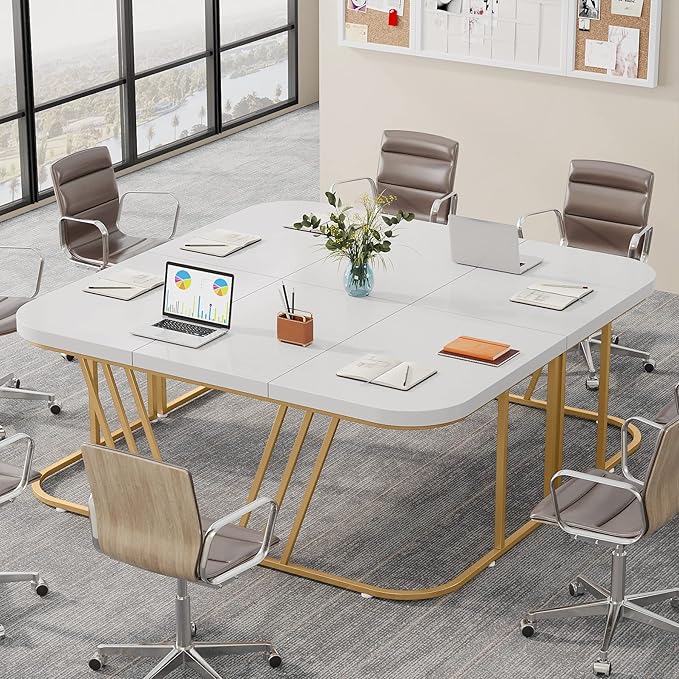 63 inches Executive Desk, Home Office Computer Desk, Modern Large Conference Table with Gold Metal Frame, Bussiness Furniture for Work Writing