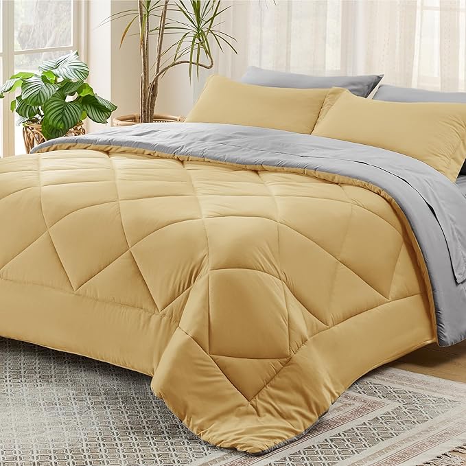 Bedsure Yellow Queen Comforter Set - 7 Pieces Reversible Queen Bed in a Bag Queen Bed Set with Comforters, Sheets, Pillowcases & Shams, Queen Bedding Sets
