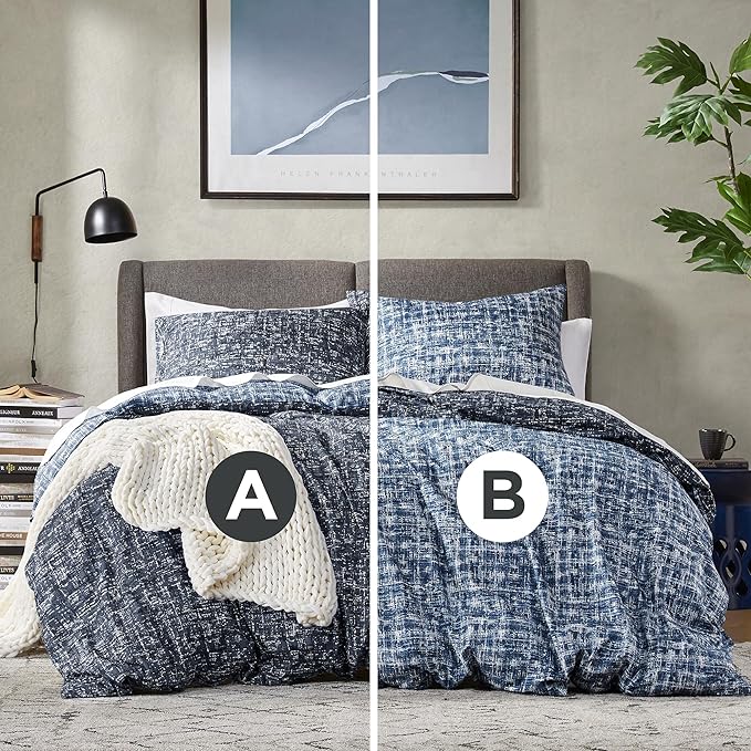 Hyde Lane Blue Full/Queen Comforter Set for Men, Modern Farmhouse Aesthetic Soft Bedding, Masculine Plaid Lines Pattern Bed Sets for All Season, 3 Pieces includes 1 Comforter, 2 Shams (90"x 90")