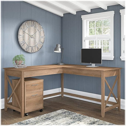 Bush Furniture Key West 60W L Shaped Desk with 2 Drawer Mobile File Cabinet in Reclaimed Pine
