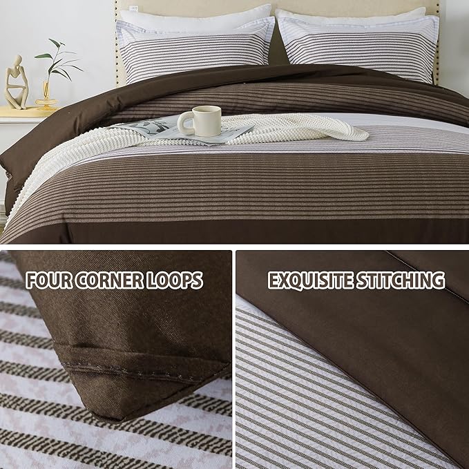 Andency Stripe Comforter Set Twin Size (66x90 Inch), 2 Pieces Brown Patchwork Striped Comforter, Soft Microfiber Down Alternative Comforter Bedding Set with Corner Loops