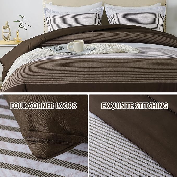 Andency Stripe Comforter Set Full Size (79x90 Inch), 3 Pieces Brown Patchwork Striped Comforter, Soft Microfiber Down Alternative Comforter Bedding Set with Corner Loops