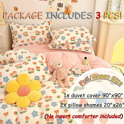 MorroMorn Pink Duvet Cover Queen, Pink Bed Set Tulips Floral Bedding Sets, Plush Fluffy Comforter Covers Set, Down Alternative Blanket Ultra Soft for Girls Kids Teen Women Full Double Size