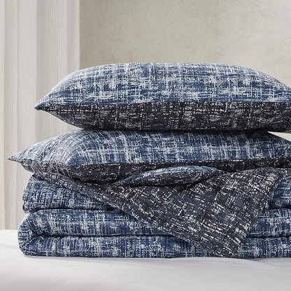 Hyde Lane Blue Full/Queen Comforter Set for Men, Modern Farmhouse Aesthetic Soft Bedding, Masculine Plaid Lines Pattern Bed Sets for All Season, 3 Pieces includes 1 Comforter, 2 Shams (90"x 90")