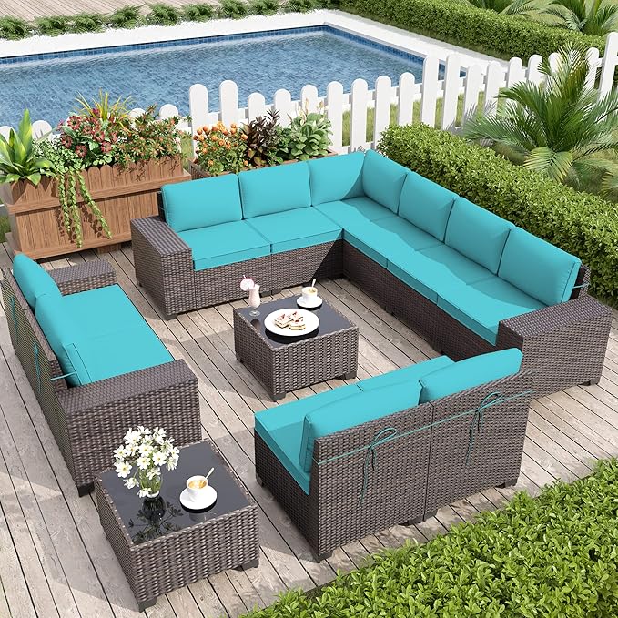 Patio Furniture Set Sofa 12-Pieces Wicker Sectional Sofa Set, Outdoor Furniture Rattan Patio Conversation Set with Thickened Cushions and Glass Coffee Table, Blue
