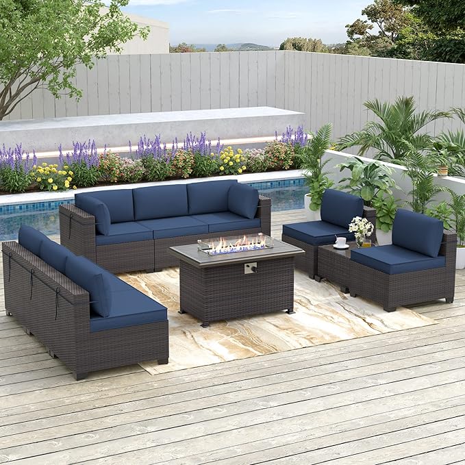 Patio Furniture Sectional Sofa 10PCS PE Rattan Patio Conversation Set w/43in Gas Fire Pit Table, Patio Outdoor Furniture with 55000 BTU Propane Fire Pit, Navy Blue