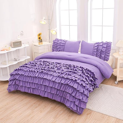 Full Size Comforter Set for Girls, Purple Ruffle Bedding Set Full, 5 Pcs Bed in a Bag for Girls, Purple Comforter Sets Full with 1 Fitted Sheets, 1 Flat Sheet, 1 Comforter, 2 Pillowcases