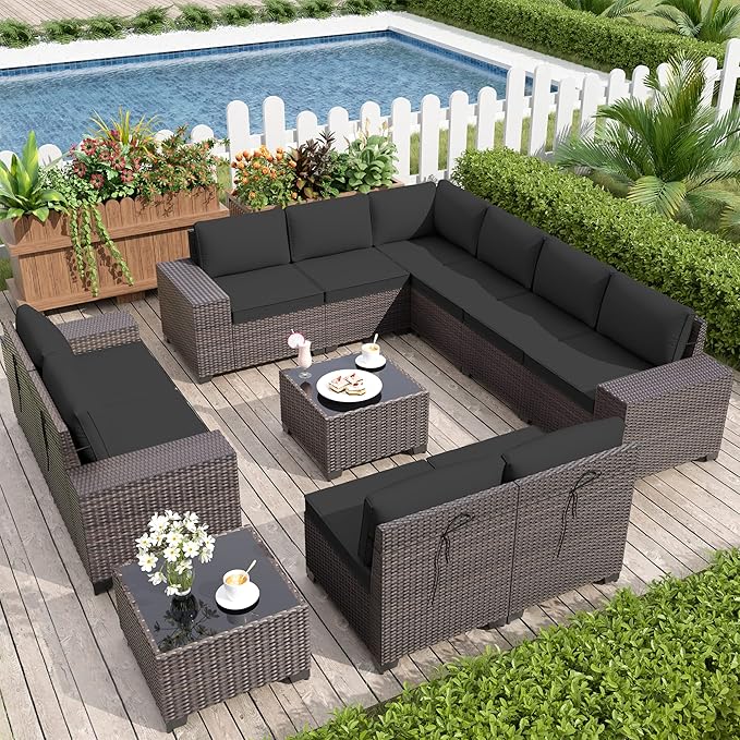 12PCS Patio Furniture Set Sofa Wicker Sectional Sofa Set, Outdoor Furniture Rattan Patio Conversation Set with Cushions and Glass Coffee Table, Black