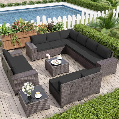 12PCS Patio Furniture Set Sofa Wicker Sectional Sofa Set, Outdoor Furniture Rattan Patio Conversation Set with Cushions and Glass Coffee Table, Black