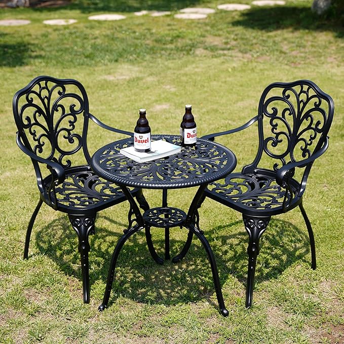 Bistro Table and Chairs Set of 2 Outdoor 3 Piece Bistro Sets Cast Aluminum Patio Bistro Set with Umbrella Hole, Patio Set for Garden, Black