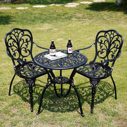 Bistro Table and Chairs Set of 2 Outdoor 3 Piece Bistro Sets Cast Aluminum Patio Bistro Set with Umbrella Hole, Patio Set for Garden, Black