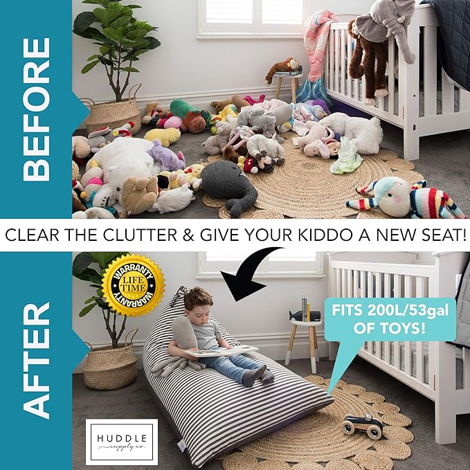 HUDDLE Original Stuffed Animal Bean Bag Storage Extra Large Designer Beanbag Chairs for Kids Teens & Adults | Instant Clutter Clear for Stylish Moms - Stuffed Animal Storage Bean Bag Chair Grey Stripe