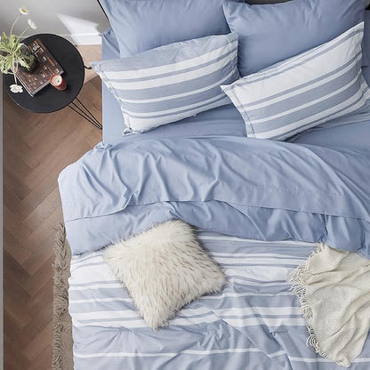 Bedsure Twin Comforter Set 5 Pieces, Blue White Striped Twin Bedding Sets All Season Bed Set, Twin Bed in a Bag with Comforter, Sheets, Pillowcase & Sham