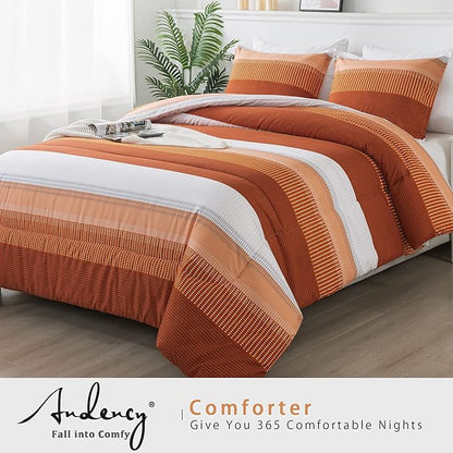 Andency Stripe Comforter Set King Size (104x90 Inch), 3 Pieces Terracotta Patchwork Striped Comforter, Soft Microfiber Down Alternative Comforter Bedding Set with Corner Loops