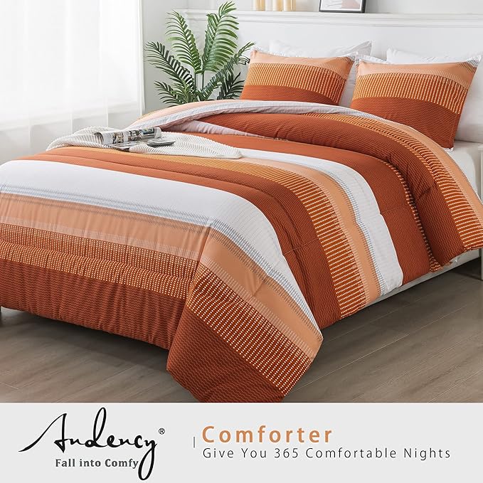 Andency Stripe Comforter Set Queen Size (90x90 Inch), 3 Pieces Terracotta Patchwork Striped Comforter, Soft Microfiber Down Alternative Comforter Bedding Set with Corner Loops