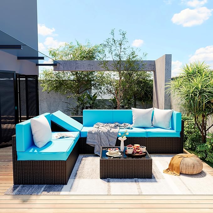 Pamapic Patio Furniture Set, 7 Pieces Modular Outdoor Sectional, Patio Sectional Sofa Conversation Set, Rattan Sofa with Coffee Table and Washable Cushions Covers, Black Rattan and Blue Cushions