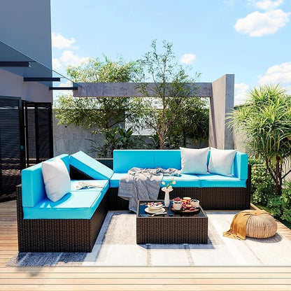 Pamapic Patio Furniture Set, 7 Pieces Modular Outdoor Sectional, Patio Sectional Sofa Conversation Set, Rattan Sofa with Coffee Table and Washable Cushions Covers, Black Rattan and Blue Cushions