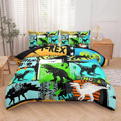 NINENINE Dinosaur Bedding Sets,Watercolor Dinosaur Comforter Set for boys kids,Full Size Comforter Sets for Kids,Colorful Plaid Bedding Set with 1 Comforter 2 Pillowcases…