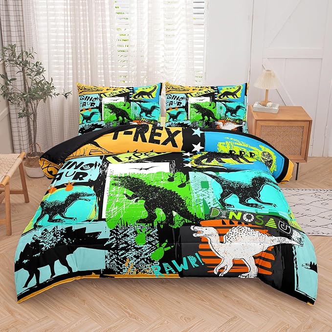 NINENINE Dinosaur Bedding Sets for Kids,Watercolor Dinosaur Comforter Set,Twin Size Bedding Sets for Kids,Colorful Plaid Bedding Set with 1 Comforter 1 Pillowcase…