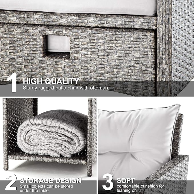 Pamapic 5 Pieces Outdoor Patio Wicker Chairs Set with Ottoman .Outside Conversation Furniture set with Cushions and Coffee for Balcony Porch Lawn Garden Table(Grey Cushion+Light Grey Rattan)