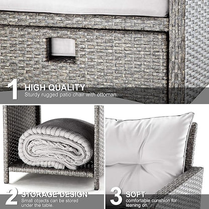 Pamapic 5 Pieces Outdoor Patio Wicker Chairs Set with Ottoman .Outside Conversation Furniture set with Cushions and Coffee for Balcony Porch Lawn Garden Table(Grey Cushion+Light Grey Rattan)