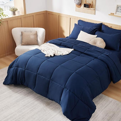 Bedsure Navy Bedding Sets Queen - 7 Pieces Solid Queen Bed in a Bag, Queen Bed Set Navy with Quilted Warm Fluffy Comforters, Sheets, Pillowcases & Shams