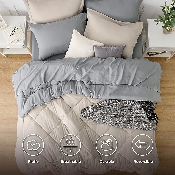 Bedsure Beige Twin Comforter Sets - 5 Pieces Reversible Twin Bedding Sets for College, Beige Extra Long Bed Set Twin with Comforters, Sheets, Pillowcase & Sham