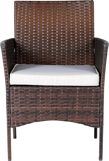 BTEXPERT Outdoor Wicker Conversation 3 Piece Bistro Garden Patio Yard Porch Furniture Space Saving Pe Rattan Two Chairs Cushions Side Storage Glass Table Brown/Beige 3pc Set, OneSize