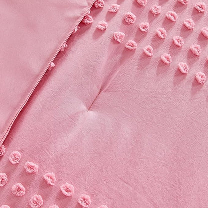ENJOHOS Girls Full Size Comforter Bedding Sets Pink, 3 PCS Boho Comforter with Tufted Dots, Shabby Chic Bedding Comforter for All Season, Lightweight Fluffy Microfiber Comforter with 2 Pillowcases