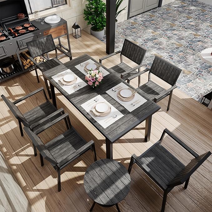 Pamapic Aluminum Outdoor Dining Set, Patio Dining Set for 8 with 6 Outdoor Stackable Chairs, Patio Table and Chairs Set with Plastic-Wood Table Top for Patio, Garden(Charcoal Gray)