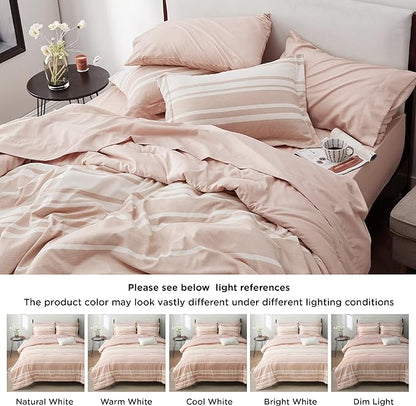 Bedsure Bed in a Bag King Size 7 Pieces, Dusty Pink White Striped Bedding Comforter Sets All Season Bed Set, 2 Pillow Shams, Flat Sheet, Fitted Sheet and 2 Pillowcases