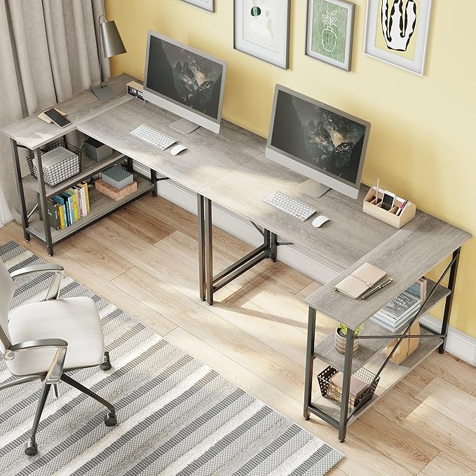 Bestier Small L Shaped Desk with Shelves 47 Inch Reversible Corner Computer Desk Writing Gaming Storage Table for Home Office Small Space, Gray Oak