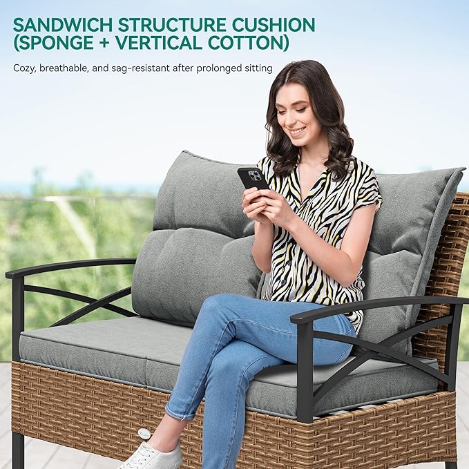 YITAHOME 4-Piece Patio Furniture Wicker Outdoor Bistro Set, All-Weather Rattan Conversation Loveseat Chairs for Backyard, Balcony and Deck with Soft Cushions and Metal Table (Light Brown+Gray)