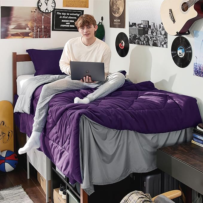 Bedsure Purple Twin XL Comforter Sets - 5 Pieces Reversible Twin XL Bedding Sets, Bed Sets Comforters, Sheets, Pillowcase & Sham, Grey XL Twin Bed in a Bag for College