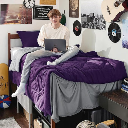 Bedsure Purple Twin XL Comforter Sets - 5 Pieces Reversible Twin XL Bedding Sets, Bed Sets Comforters, Sheets, Pillowcase & Sham, Grey XL Twin Bed in a Bag for College