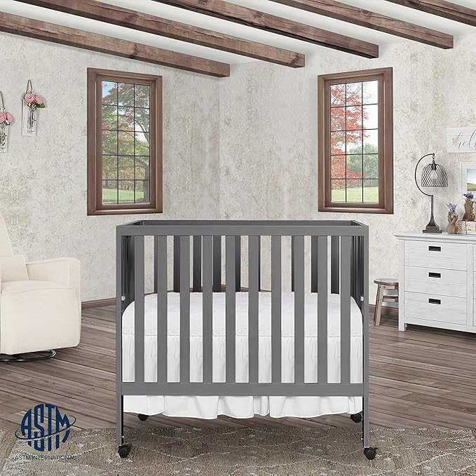 Jett Non-Full Size Folding Convertible Crib, Lightweight Portable Crib, Three Adjustable Mattress Height Settings, Easy to Fold Travel Crib, 1.5” Mattress Pad Included