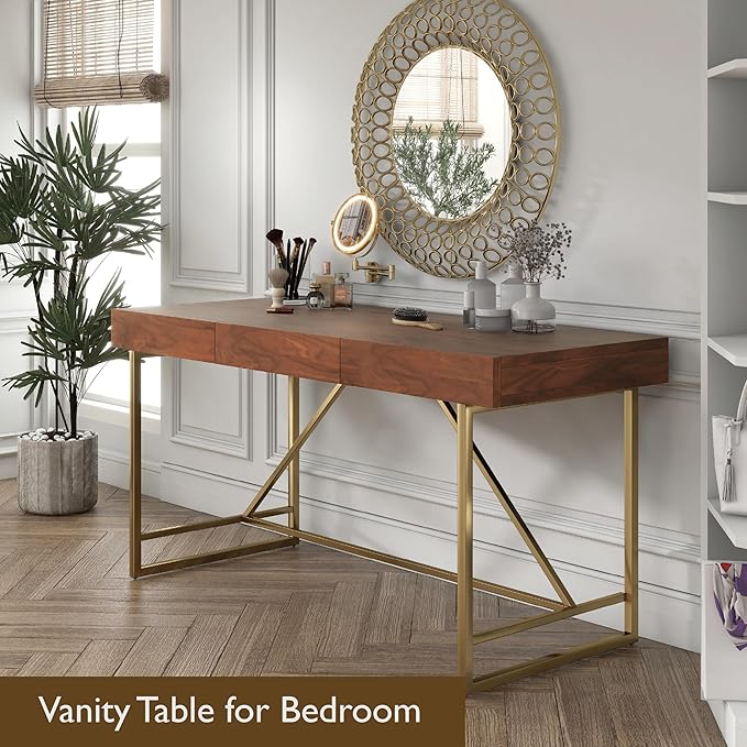 Lizon Modern 60 Inch Wood Desk with Drawers, Office Table with Storage, Vanity Without Mirror for Bedroom, Study Room, Dorm, 60-inch, Light Walnut Brown and Gold