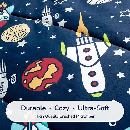 SLEEP ZONE Kids Bedding Comforter Set Full/Queen Size - Super Soft & Cute Printed 3-Piece Comforter Set All Seasons for Boys, Girls, Fade Resistant, Machine Washable, Rocket Galaxy
