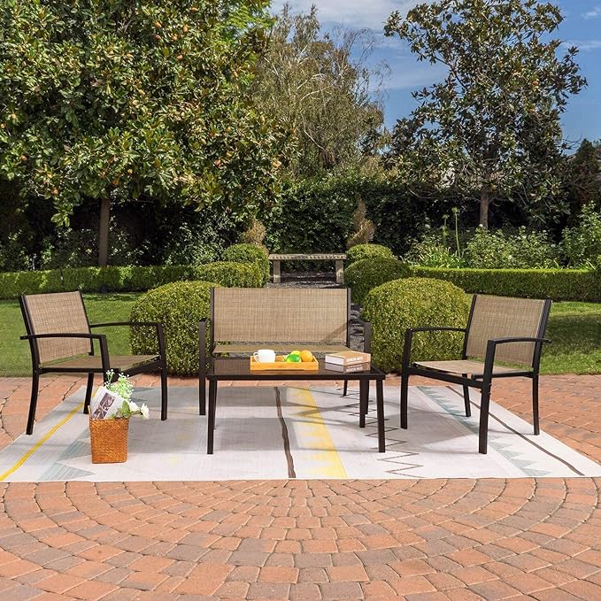 Greesum 4 Pieces Patio Furniture Set, Outdoor Conversation Sets for Patio, Lawn, Garden, Poolside with A Glass Coffee Table, Beige
