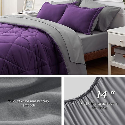 Bedsure Purple Twin XL Comforter Sets - 5 Pieces Reversible Twin XL Bedding Sets, Bed Sets Comforters, Sheets, Pillowcase & Sham, Grey XL Twin Bed in a Bag for College