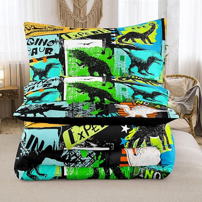 NINENINE Dinosaur Bedding Sets,Watercolor Dinosaur Comforter Set for boys kids,Full Size Comforter Sets for Kids,Colorful Plaid Bedding Set with 1 Comforter 2 Pillowcases…