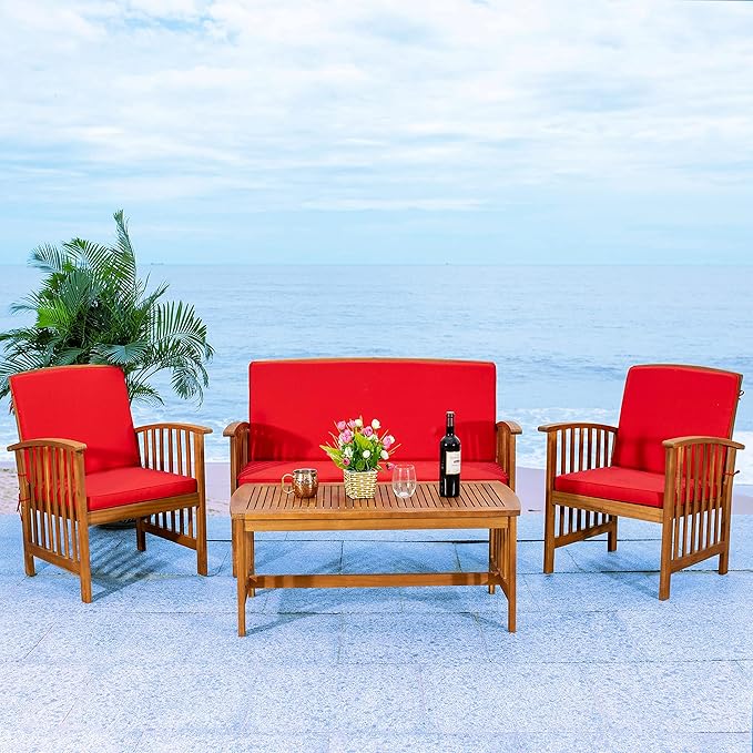 SAFAVIEH Outdoor Collection Rocklin Natural/ Red Cushion 4-Piece Conversation Patio Set