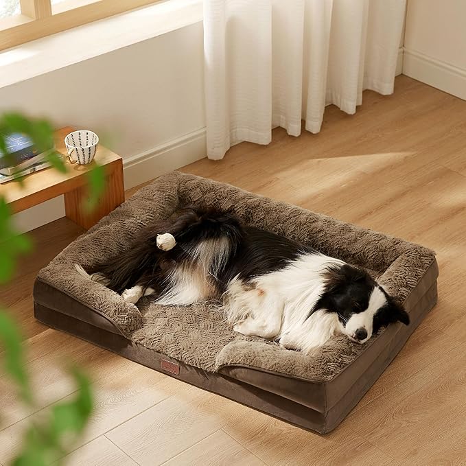 Bedsure Orthopedic Dog Bed for Large Dogs - Calming Dog Sofa Beds Large with Luxurious Plush, Big Pet Couch Bed with Removable Washable Cover, Waterproof Lining and Nonskid Bottom, Brown